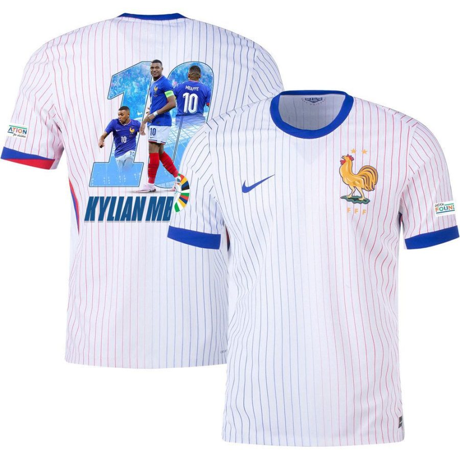 kylian mbappe 10 skillful player france national team 2024 25 away jersey euro uefa patch men white